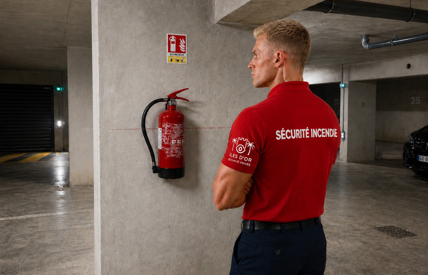 Agent de sécurité incendie en poste près d'un extincteur